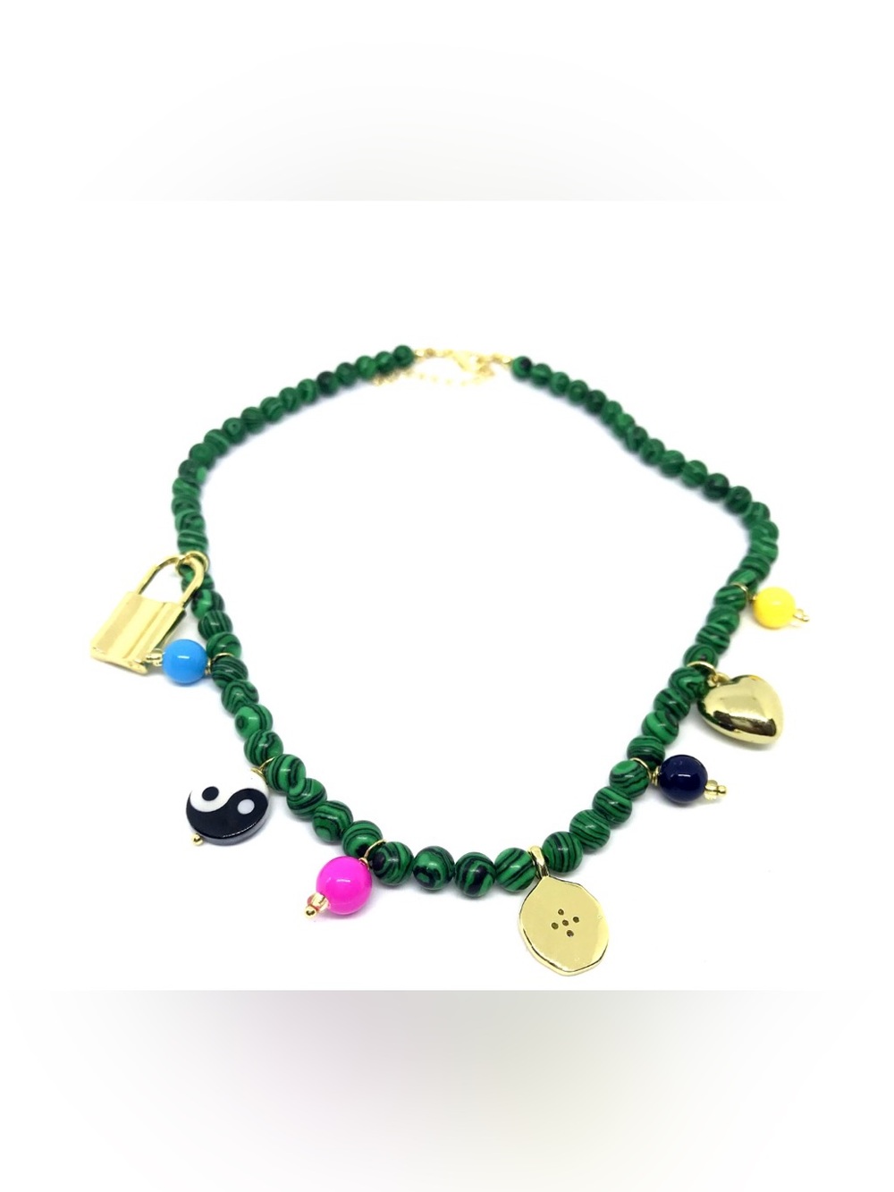 Green Beaded Charm Necklace with Mixed Charms